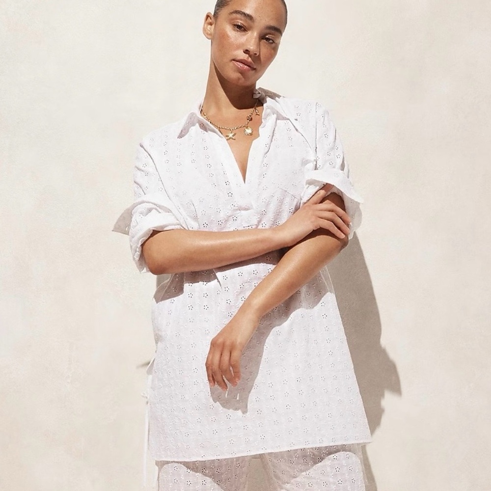 J.Crew Eyelet Side-Tie Tunic XS White Collared 100% Cotton Pocket Coverup Top